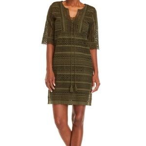 Figue Green Eyelet Elbow Sleeve V Neck Tassel Ties Slip Marlin Dress XS NWT